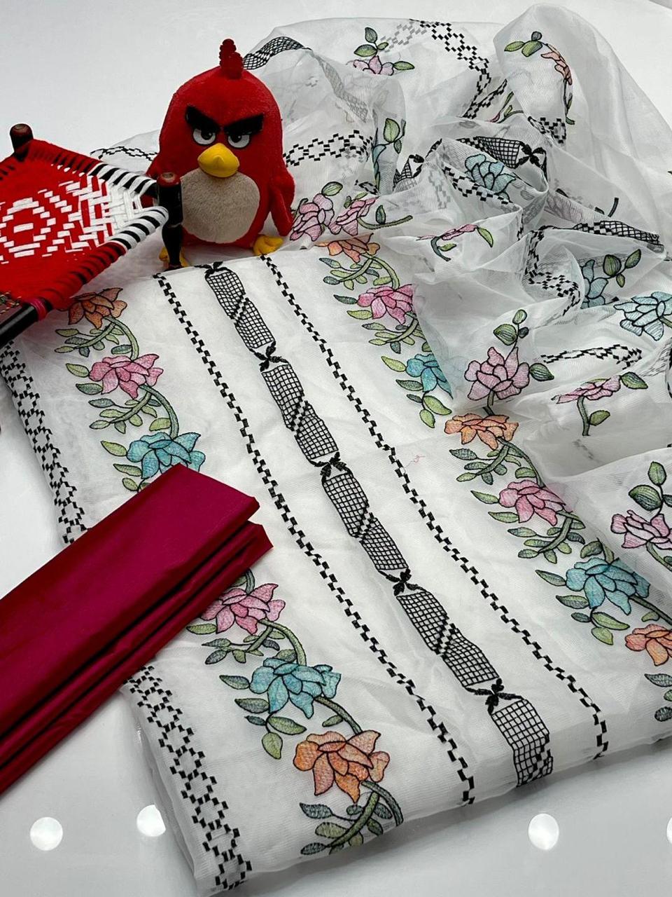 3 Pcs Suit: Hand Embroidered Khaadi Net Shirt & Katan Silk Trouser  JBN478200006SNS