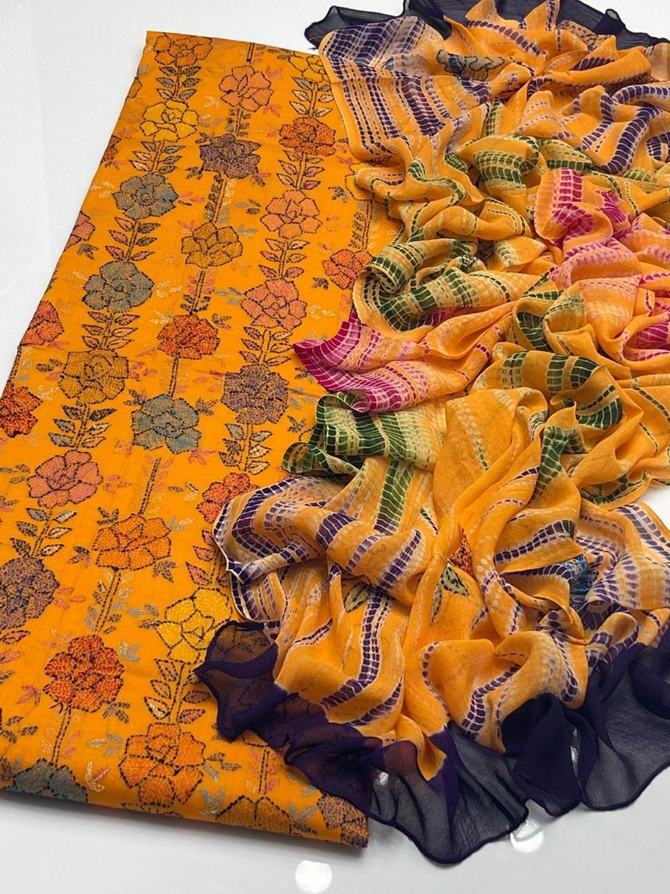 Orange Hand Embroidered Suit with Dupatta & Trouser - 3 Pcs Ensemble  JBN478200001SNS